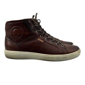 Ecco Mens 44 Shoes Mahogany Leather Casual High Top Sneakers Soft 7 Lace Up